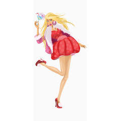 卡通手绘金发红色裙子鸡尾酒美女