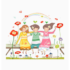 卡通坐在花园的姐妹