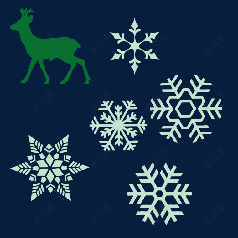 一个鹿和五个雪花素材