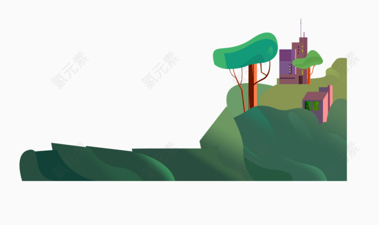 唯美精美卡通手绘环保房子树山山坡
