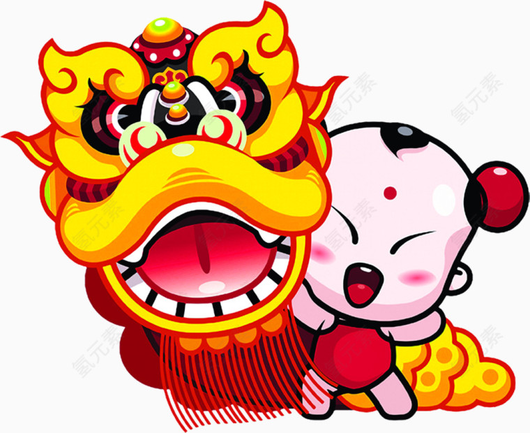 卡通手绘舞狮小孩