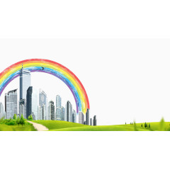 高楼草地彩虹背景免抠素材