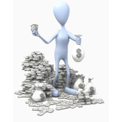 站在一堆金钱里面的白色3D小人