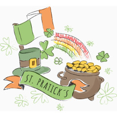 水彩笔手绘金币罐子彩虹