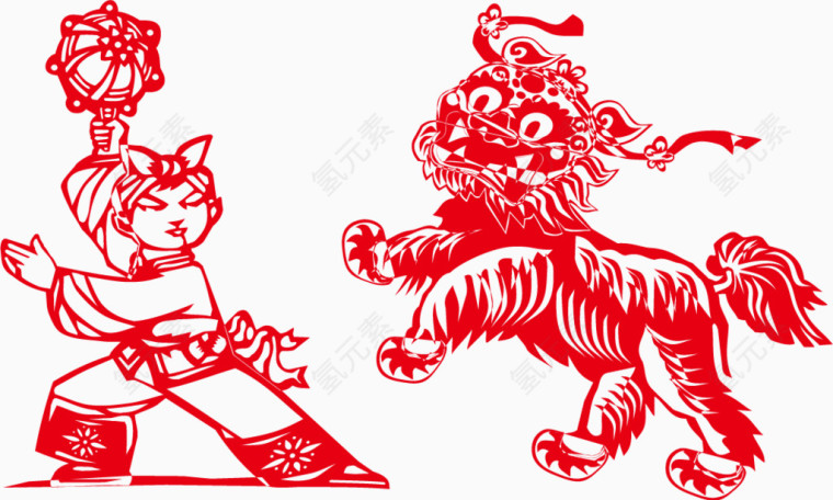 剪纸舞狮矢量素材