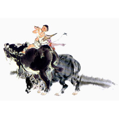 春天清明节牧童吹笛放牛踏青水墨画