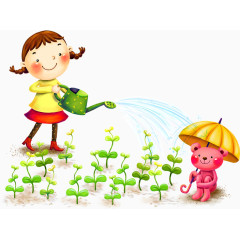 卡通小女孩浇水