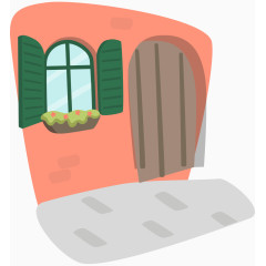 卡通手绘红色墙窗口街道木门