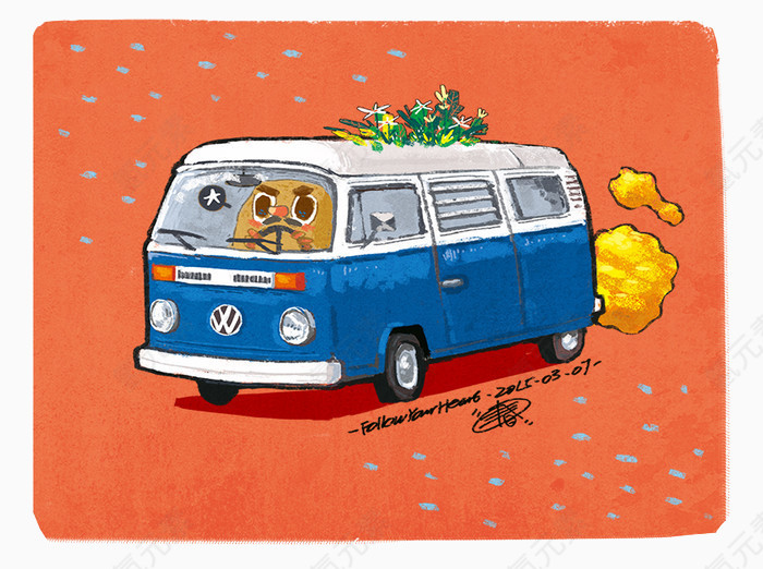 清新可爱卡通儿童插画公交车
