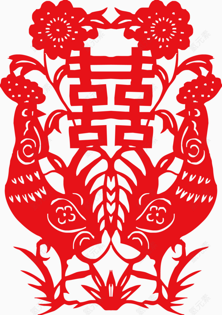 剪纸一对公鸡喜字对称矢量