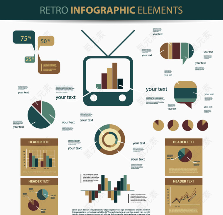复古简约PPT矢量数据图分析图矢量素材