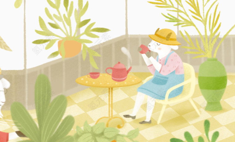 手绘悠闲喝茶的羊