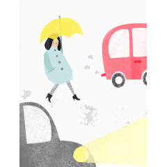 手绘拿伞女人过马路