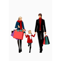 手绘爸爸妈妈带女儿购物