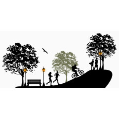 手绘剪影公园跑步骑车场景