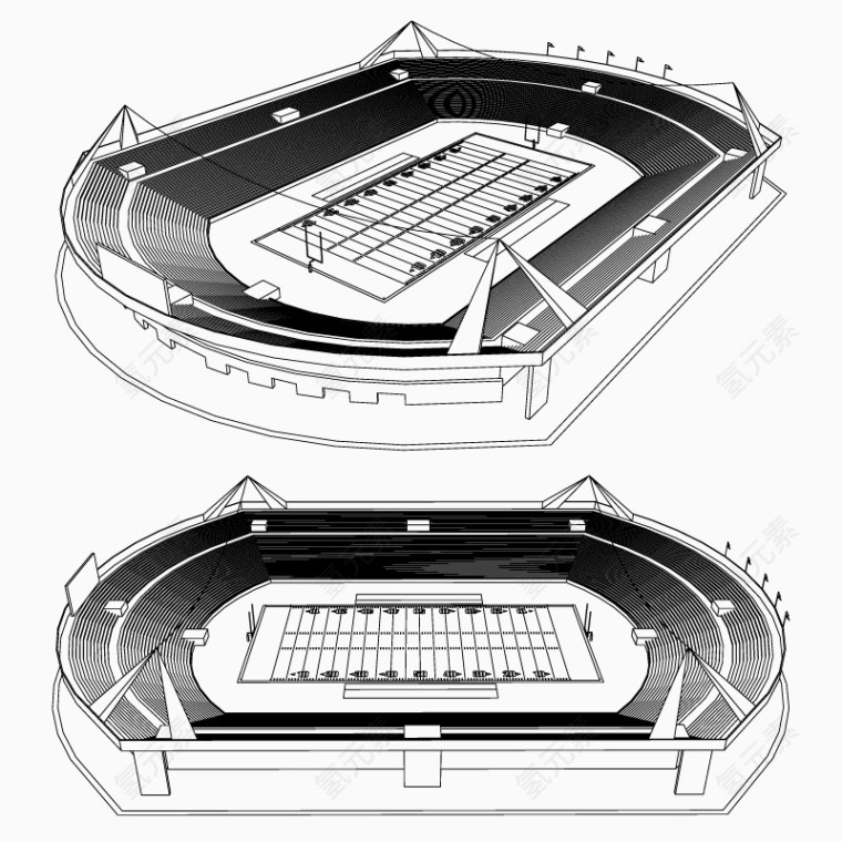 足球场 运动场 立体 三维 矢量图 黑白线稿