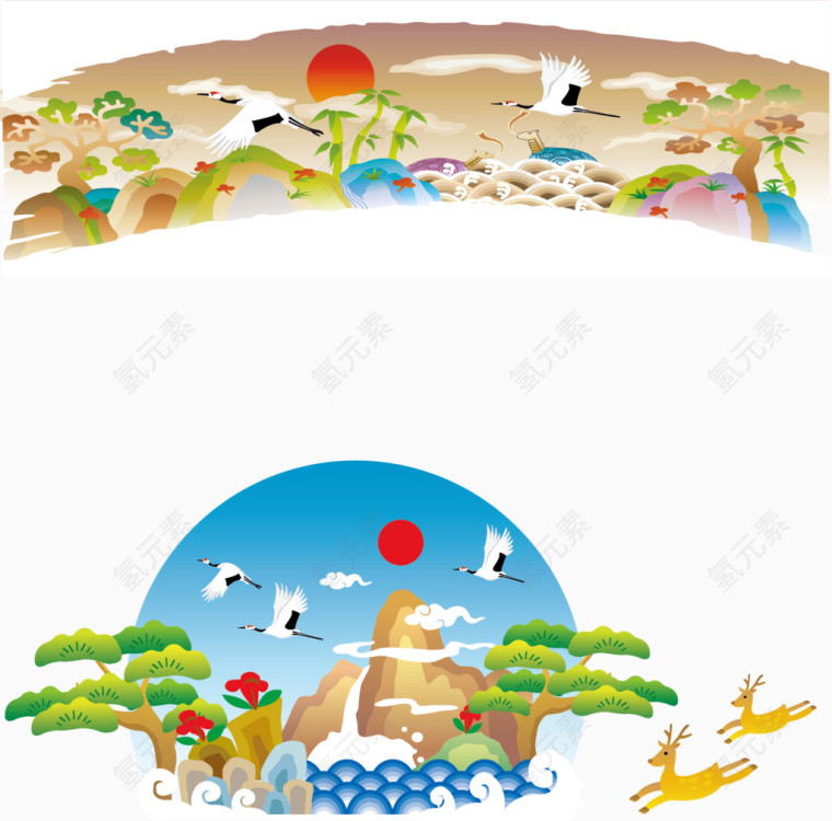 仙鹤松树山水画