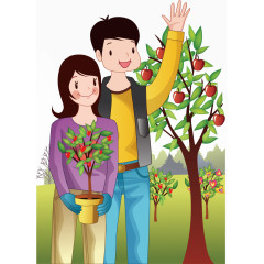 卡通情侣植树