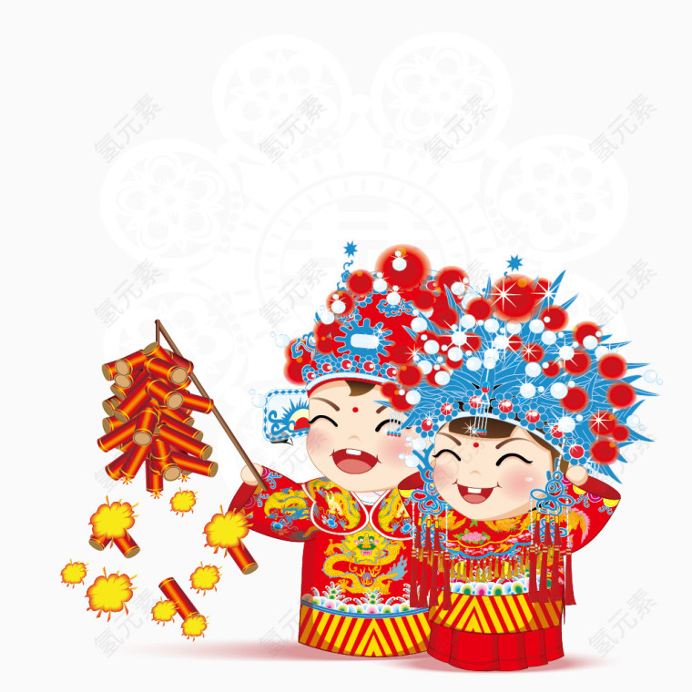 古典婚礼放鞭炮的新婚夫妻