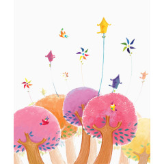 彩色的卡通造型的树和风车