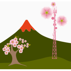 装饰富士山樱花和粉色信号发射塔