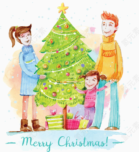 手绘一家人过节