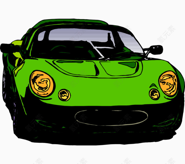 手绘车头朝前的绿色汽车