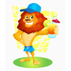 卡通手绘戴帽子狮子喝饮料