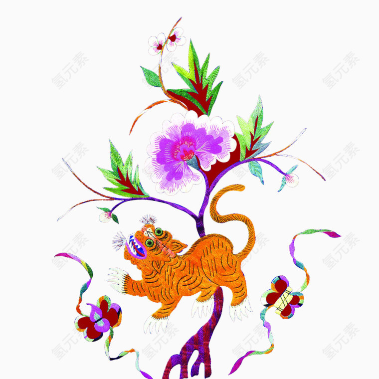 老虎鲜花枯树素材