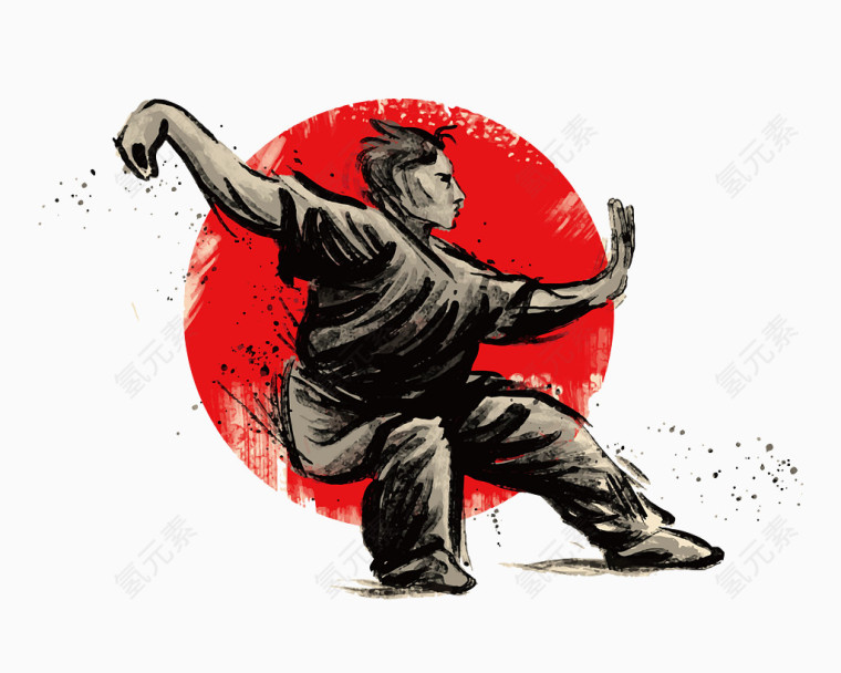 矢量单人打太极中国风水墨画