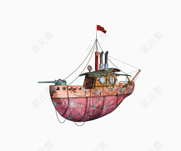 红色轮船战船模型设计