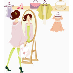 矢量手绘照镜子的美女