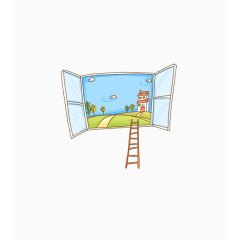 卡通手绘窗外风景