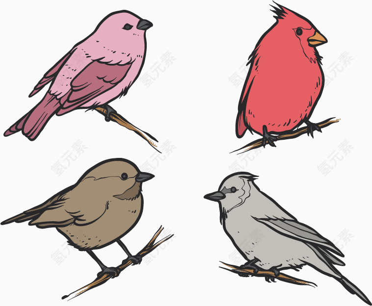 扁平四只冬季小鸟