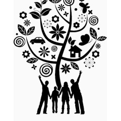 幸福的一家人和树木剪影矢量素材