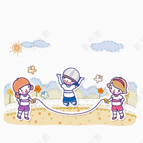 手绘卡通女孩跳绳素材