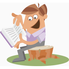 坐在树墩上看书的小男孩