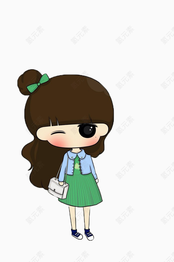穿着绿色套装的可爱卡通小女孩