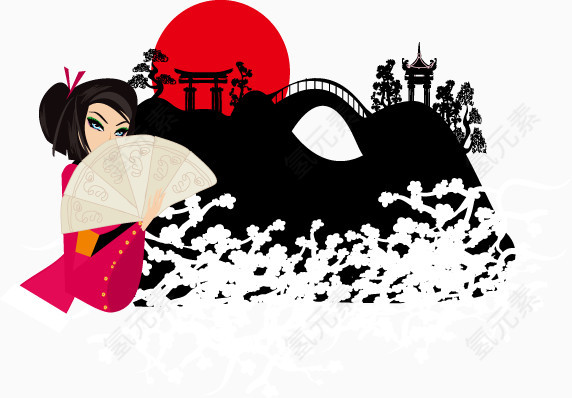 装饰日本和服美女及部分山水剪影
