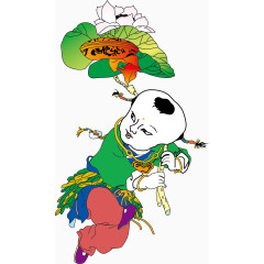 矢量中国传统年画举荷花的小孩