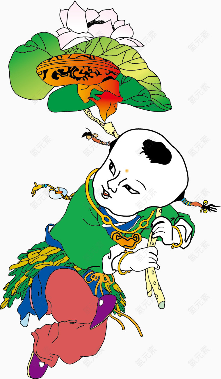矢量中国传统年画举荷花的小孩