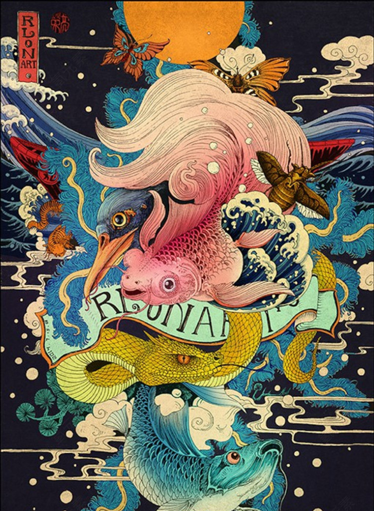 浮世绘日本金鱼海报彩墨画