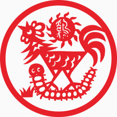 红色公鸡剪纸过年喜庆素材