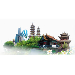 中国风建筑飞檐高塔绿树旅游装饰