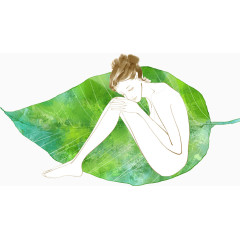 手绘绿叶上美女雪白肌肤护肤品宣传