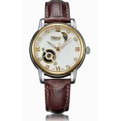 尼尚白金表盘棕色真皮手表