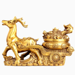 鹿车聚宝盆纯铜摆设