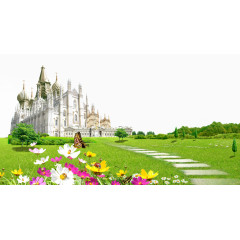 欧式庄园草坪背景免抠素材