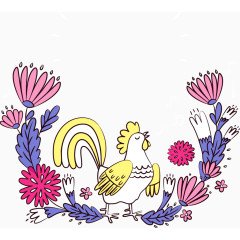 卡通矢量公鸡紫色花朵装饰元素