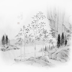 小河树林青山水墨图